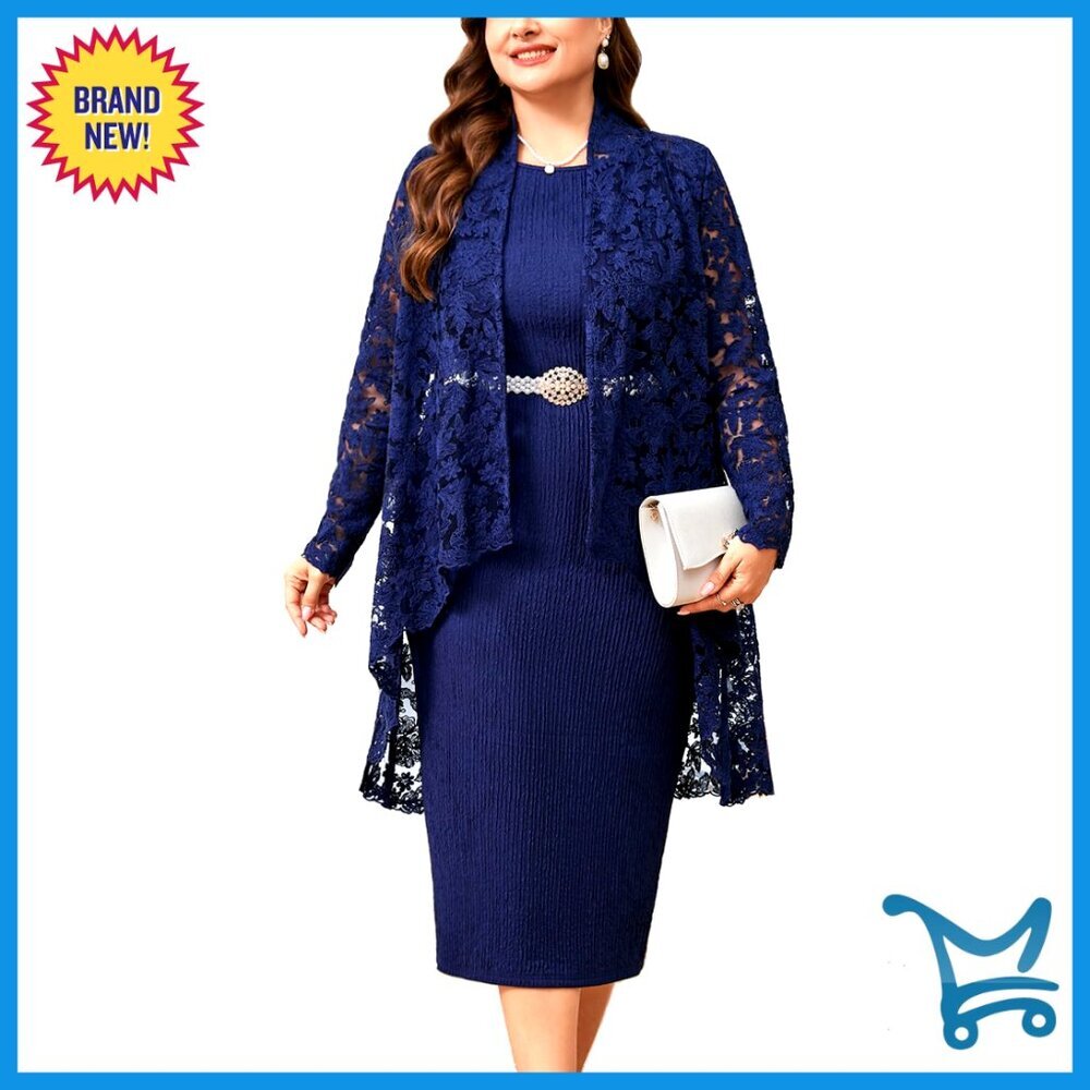 Plus Size Formal Dress Suit 2 Piece Set Lace Jacket Elegant Dressy Outfit